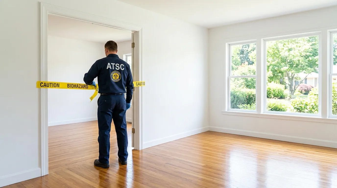 Certified biohazard cleanup crew performing Trauma Scene Cleanup in Hugo